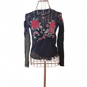 American Eagle - Women's Sheer Mesh Floral Embroidered Top - Black - Size XS